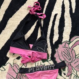 Playboy Rare Vintage Deadstock Black and Pink Bikini Set Logo